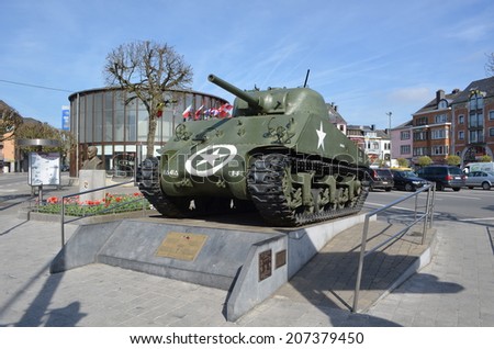 BASTOGNE, BELGIUM, APRIL 10, 2014: Tank commemorating second world war on the main square of bastogne, belgium.