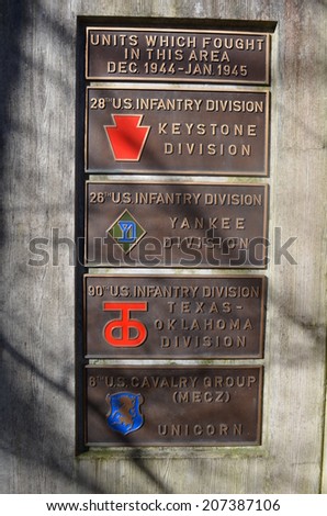 WILTZ, LUXEMBOURG, APRIL 9, 2014: Sign showing american troops combating near Wiltz, Luxembourg during WWII.