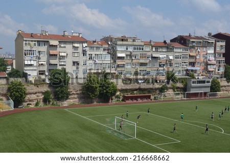 ISTANBUL, TURKEY, AUGUST 17, 2014:  Young men are playing soccer inside historical core of istanbul.
