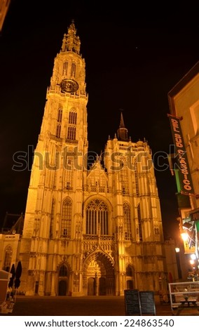 ANTWERP, BELGIUM, MARCH 5, 2014: Night view of cathedral of our lady in antwerp, belgium.