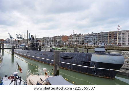 ZEEBRUGGE, BELGIUM, 10 FEBRUARY 2014: Captured russian submarine is waiting for visitors in port of zeebrugge.