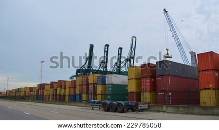 ANTWERP, BELGIUM, FEBRUARY 18, 2014: Containers are sorted out and ready for embarkment inside the port of antwerp.