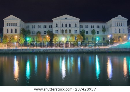 BILBAO, SPAIN, OCTOBER 27, 2014: illuminated building of the university of deusto in spanish bilbao.