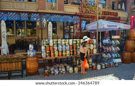 TIANJIN, CHINA, AUGUST 15, 2013: Stand with german beer situated in european quarter of chinese city tianjin