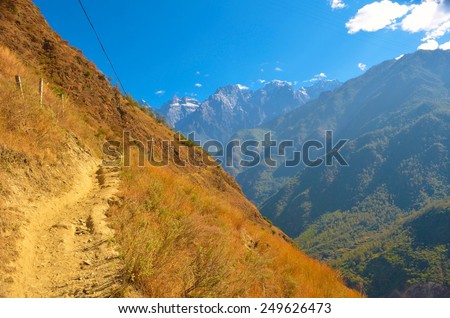 QIAOTOU, CHINA, NOVEMBER 20, 2013: view of the tiger leaping gorge from upper hiking path in yunnan province, china.