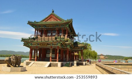 BEIJING, CHINA, AUGUST 15, 2013: Detail of pagoda situated in the middle of kunming lake inside of the new summer palace complex in beijing
