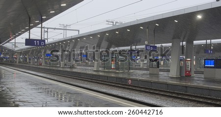 WIEN, AUSTRIA, JANUARY 4, 2015: Snow covered platforms of the new main railway station in wien which has been opened on october 2014.