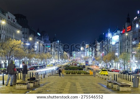 PRAGUE, CZECH REPUBLIC, JANUARY 30, 2015: night view of the nightlife taking place on wenceslas square in prague.