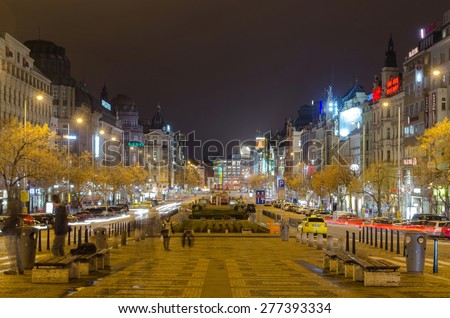 PRAGUE, CZECH REPUBLIC, JANUARY 30, 2015: night view of the nightlife taking place on wenceslas square in prague.
