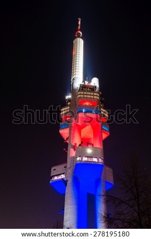 PRAGUE, CZECH REPUBLIC, JANUARY 30, 2015: night view of the famous illuminated zizkov tv tower in prague.