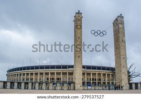 BERLIN, GERMANY, MARCH 12, 2015: main gate of the berlin olympic stadium where olympic games in 1936 were held.