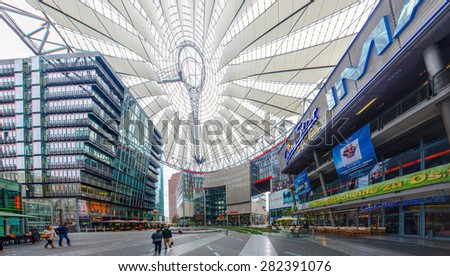 BERLIN, GERMANY, MARCH 12, 2015: sony center in berlin is one of the most interesting place to see on potzdamer platz. it is shopping center as well as administrative building.