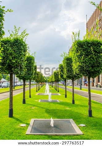 BUDAPEST, HUNGARY, JULY 29, 2014: view over green belt stretching through the historical center of budapest on karoly boulevard.