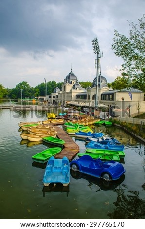 BUDAPEST, HUNGARY, JULY 29, 2014: rowing boats are waiting for their customers inside varosliget orchard in budapest.