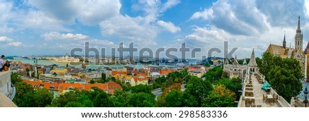 BUDAPEST, HUNGARY, JULY 30, 2014: panorama View over restaurant on the top of halszbastya - fishermans bastion in hungarian capital budapest.