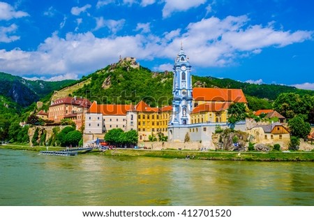 The medieval town of Durnstein along the Danube River in the picturesque Wachau Valley, a UNESCO World Heritage Site, in Lower Austria