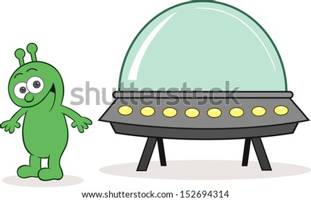 Cartoon alien happy and smiling with spaceship.