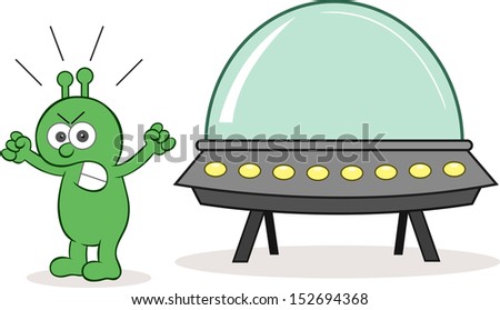 Cartoon alien angry and shouting with spaceship.