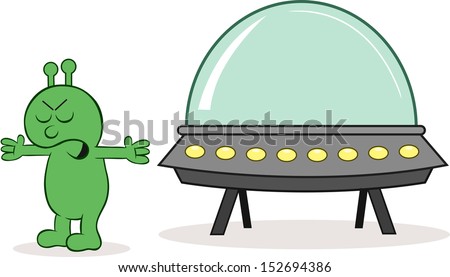 Cartoon alien furious with spaceship.