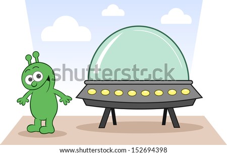 Cartoon alien happy and smiling with spaceship.