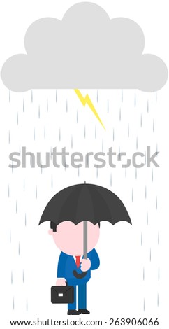Vector cartoon businessman with briefcase standing holding umbrella under thunderstorm