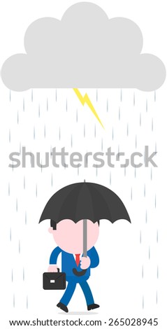 Vector cartoon businessman with briefcase walking while holding umbrella under thunderstorm