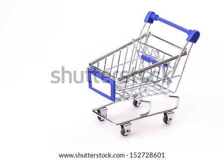 Blue shopping cart model on white background, leave space for text