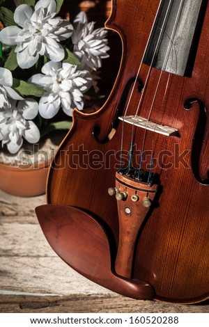 Broken violin on wooden floor
