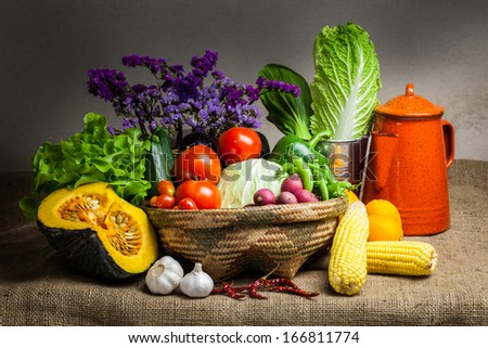 still life vegetable, variety kind of organic fresh vegetable display in wooden crate