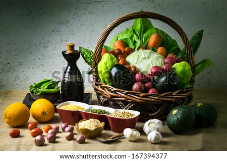 Still life vegetable, variety kind of organic fresh vegetable display in wooden basket