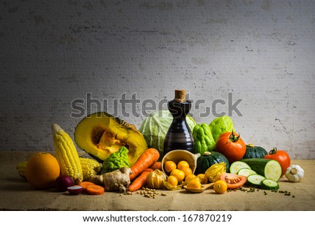 Still life vegetable, variety kind of organic fresh vegetable display on sack cloth
