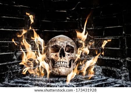 Still life with human skull on fire in stove