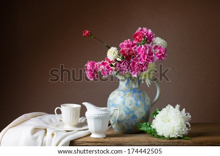 Still Life With Bunch Of Flowers And Oranges
