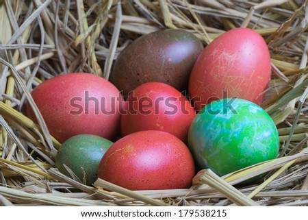 colorful Easter eggs in nest from top side view