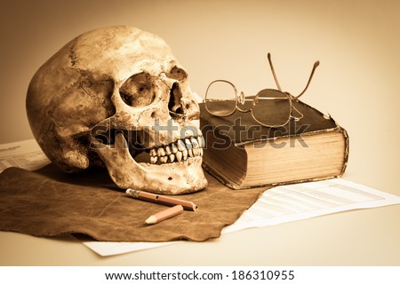 still life with human skull on leather, broken pencil, glasses and finance report
