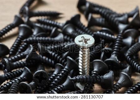 Silver screw in a pile of black screws, Stand Out In A Crowd conceptual