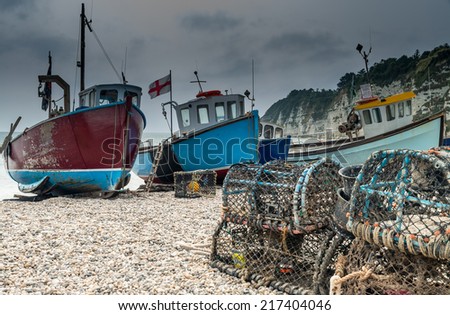 Fishing boats on Beer Beach, Dorset, England