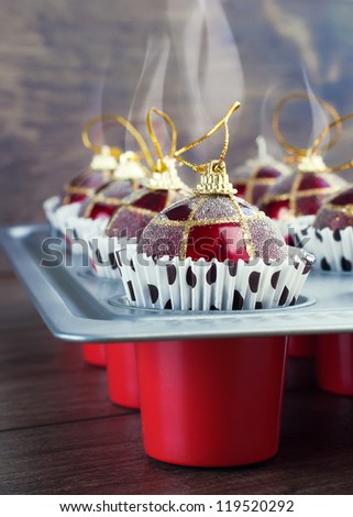Funny Gold Red Christmas Balls in Baking Sheet to the New Year\'s Eve