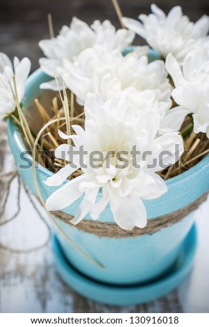 White Flowers in the Pot of Turquoise Color on Wooden Table