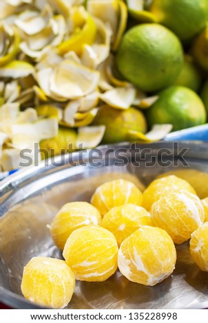 Peeled Lime preparation for juice creation in a metal bowl are on sale in streets of Asia outdoor