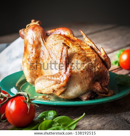 Baked Whole Chicken with vegetables, square image