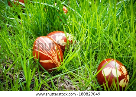 Easter Eggs Decorated with Leaves using Peels of Onions hidden in Grass
