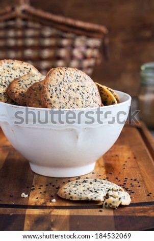 Home Crust Dietary Cookies with Black Sesame Seeds in White Rustic Bowl, Rustic style