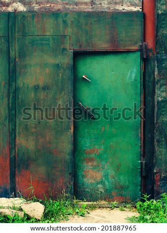 Rusty Colored Metallic Fence with Gate, Shabby Paint, grunge background