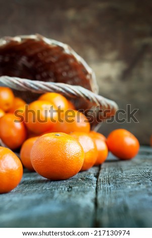 Simple Composition with Basket and Tangerines on Wooden Background. Russian tradition to eat this fruits at New Year