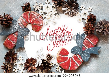 Christmas Card with Wooden Fir Tree Toys and  Message Happy New Year on the letter, isolated on white, decorated snowflakes pine cones