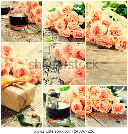 Set with Tender Pink Roses, Wine, gift Box on Wooden Table in sunshine light, toned effect