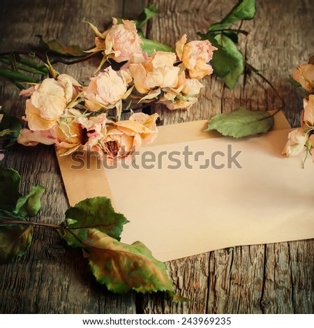 Dry Roses and old Retro Letter on Wooden Background, square toned picture