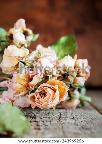 Dried Roses on Wooden Table, picture in old retro toning