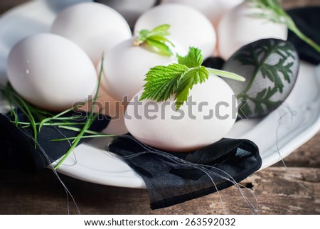 Stage of Preparation of Decor for Happy Easter. Bio and Natural way of painted eggs with fresh leaves and boiled in onions peels